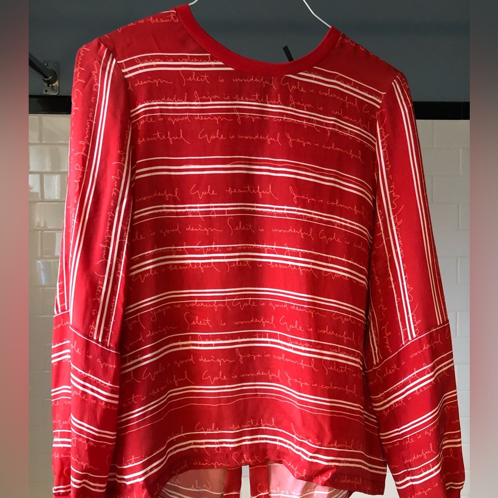 Maje red blouse. French words like colorful, wonderful and beautiful.
